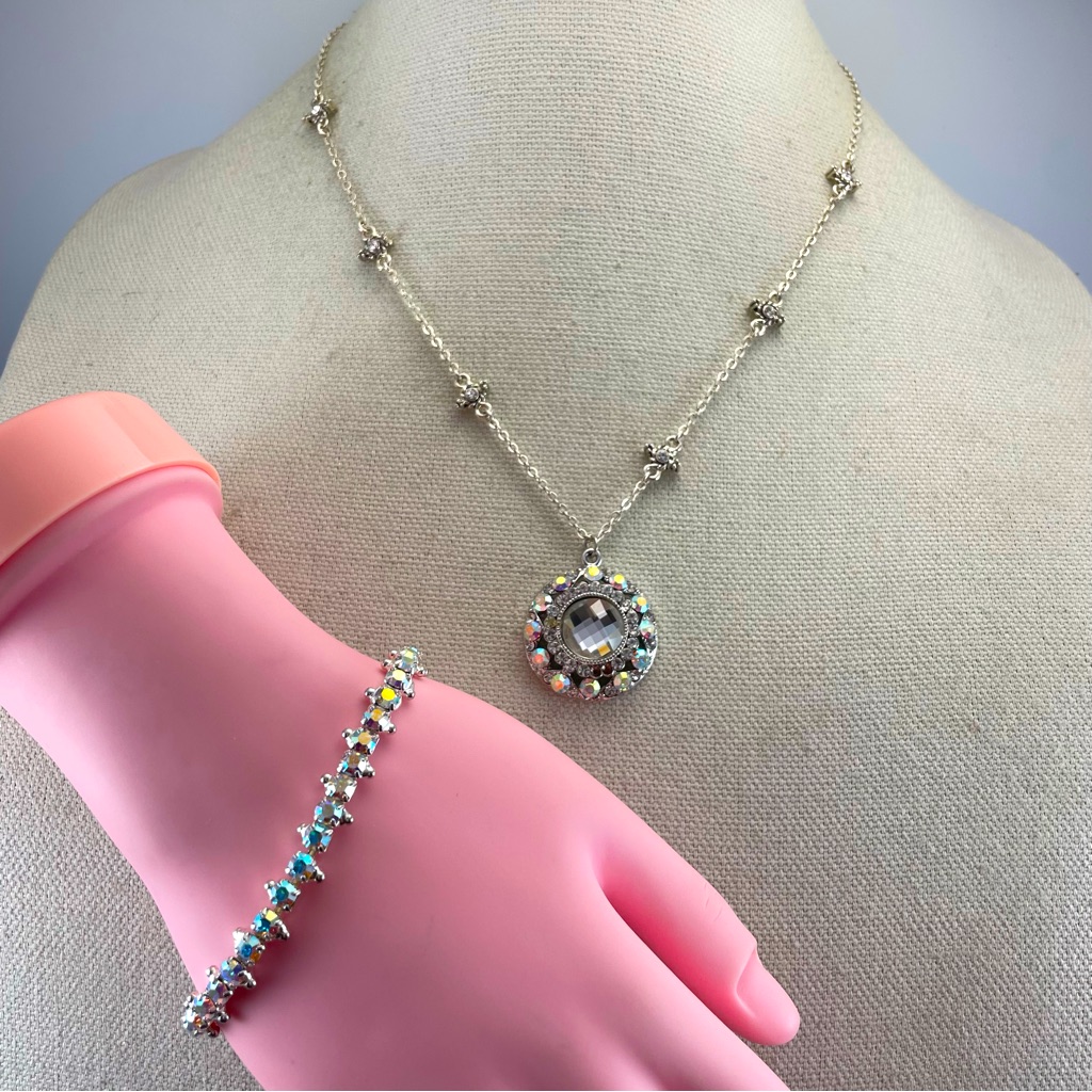 Silver Tone Glass White Ab Rhinestone Pendant Necklace Bracelet Jewelry Set